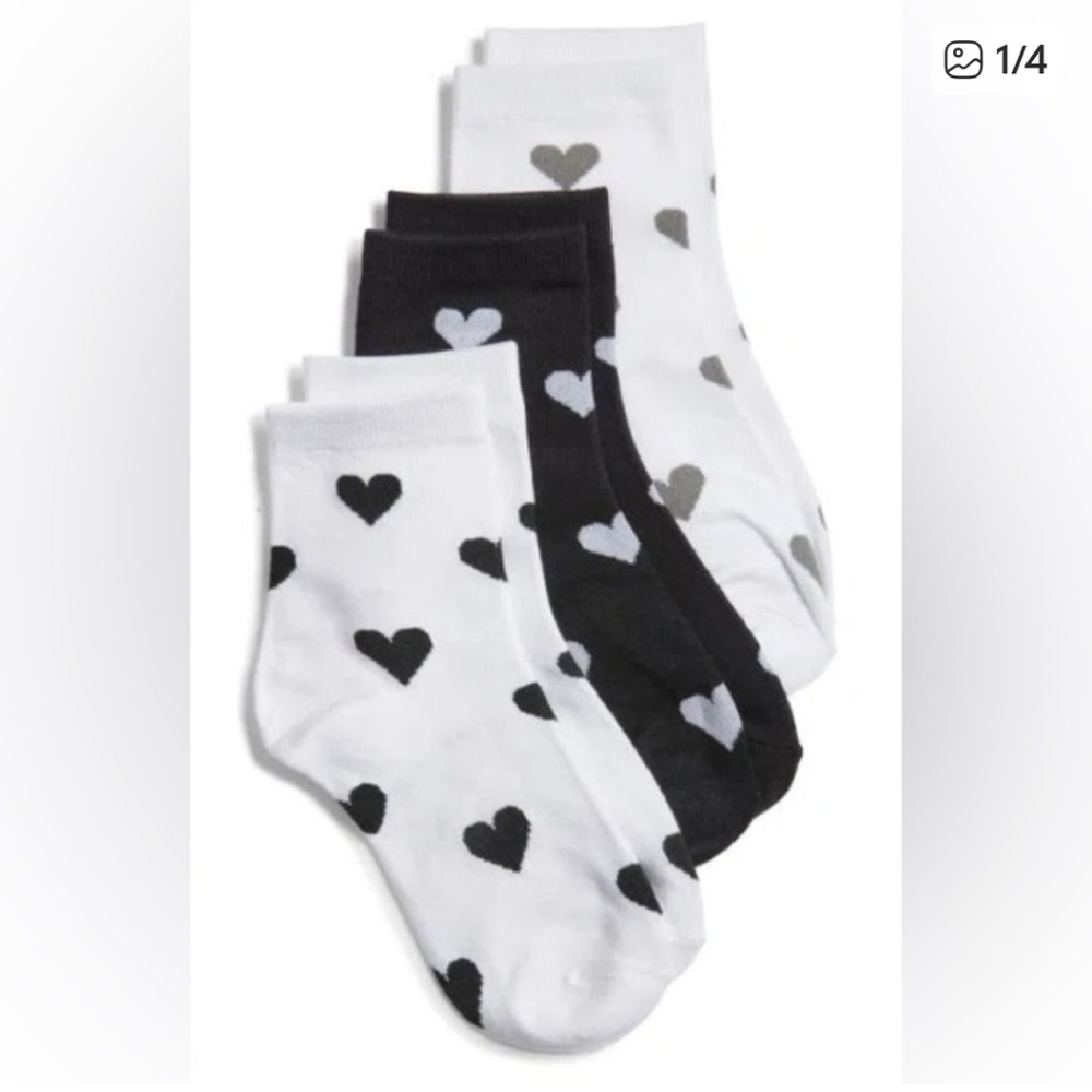 🖤🤍🩶Stem Heart Pattern Crew Socks 3-Pack - Black & White🖤🤍🩶